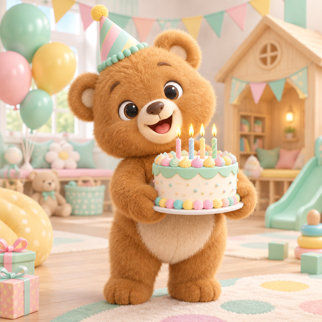 A Little Bear with a birthday cake ready for a Playwood party