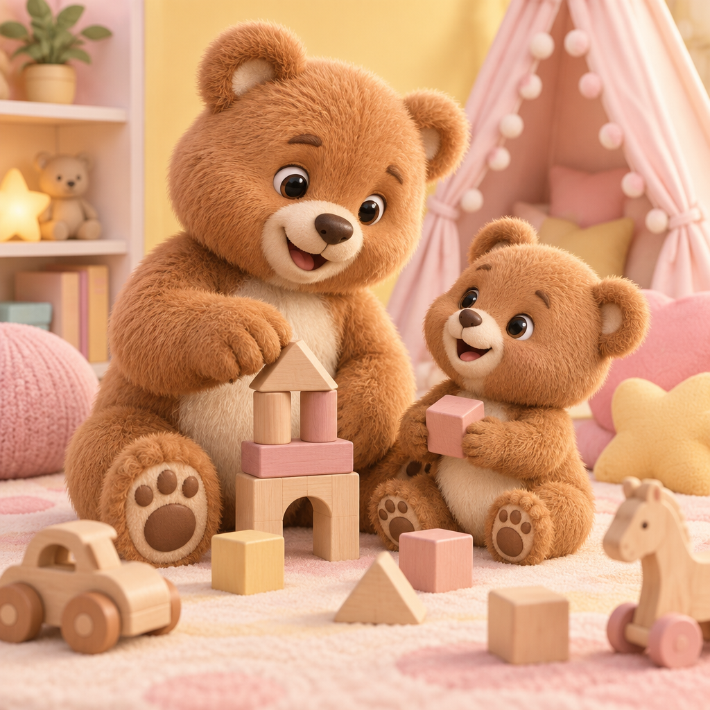 Little Bears enjoying imaginative play with wooden toys