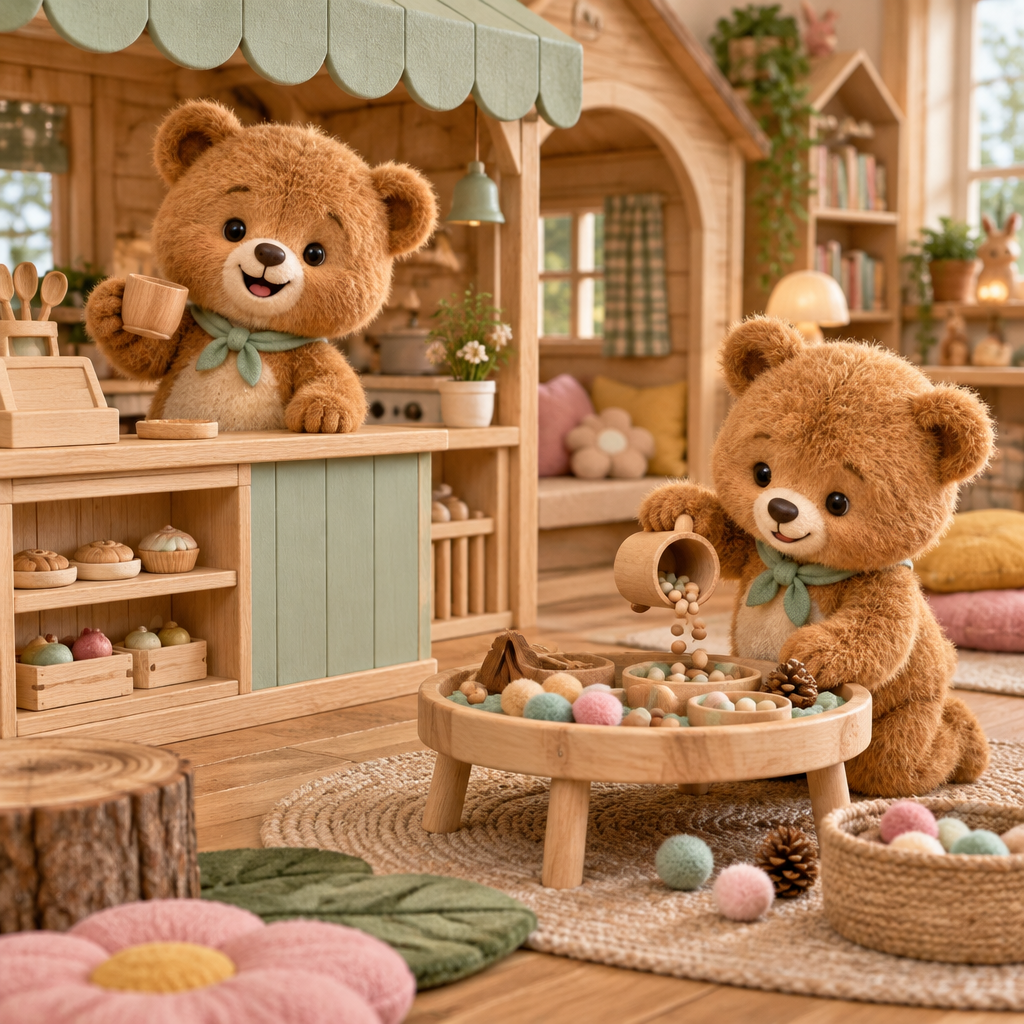 Little Bears playing shop at a wooden counter while another sorts and pours at a sensory table